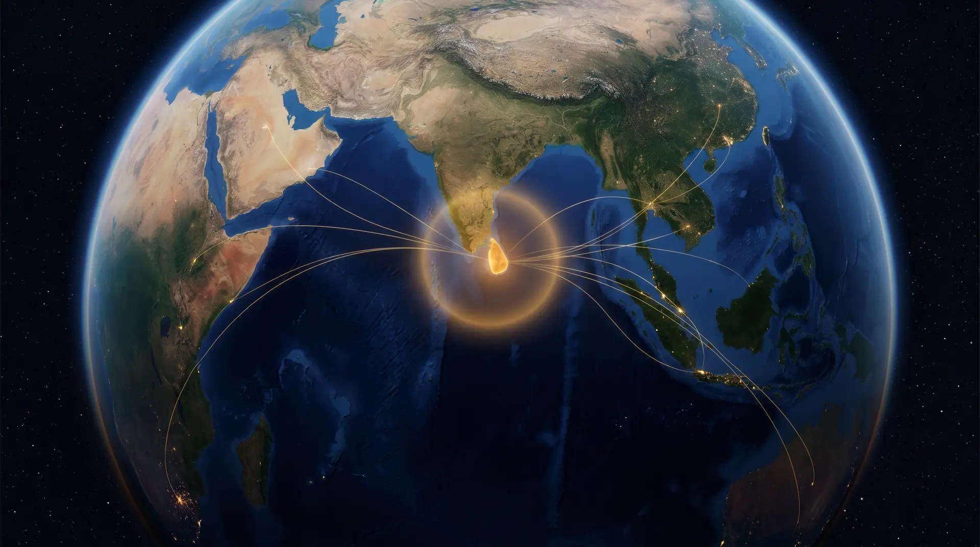 Green Gate's global trade network — golden shipping routes radiating from the Port of Colombo, Sri Lanka, to 35+ markets across the world